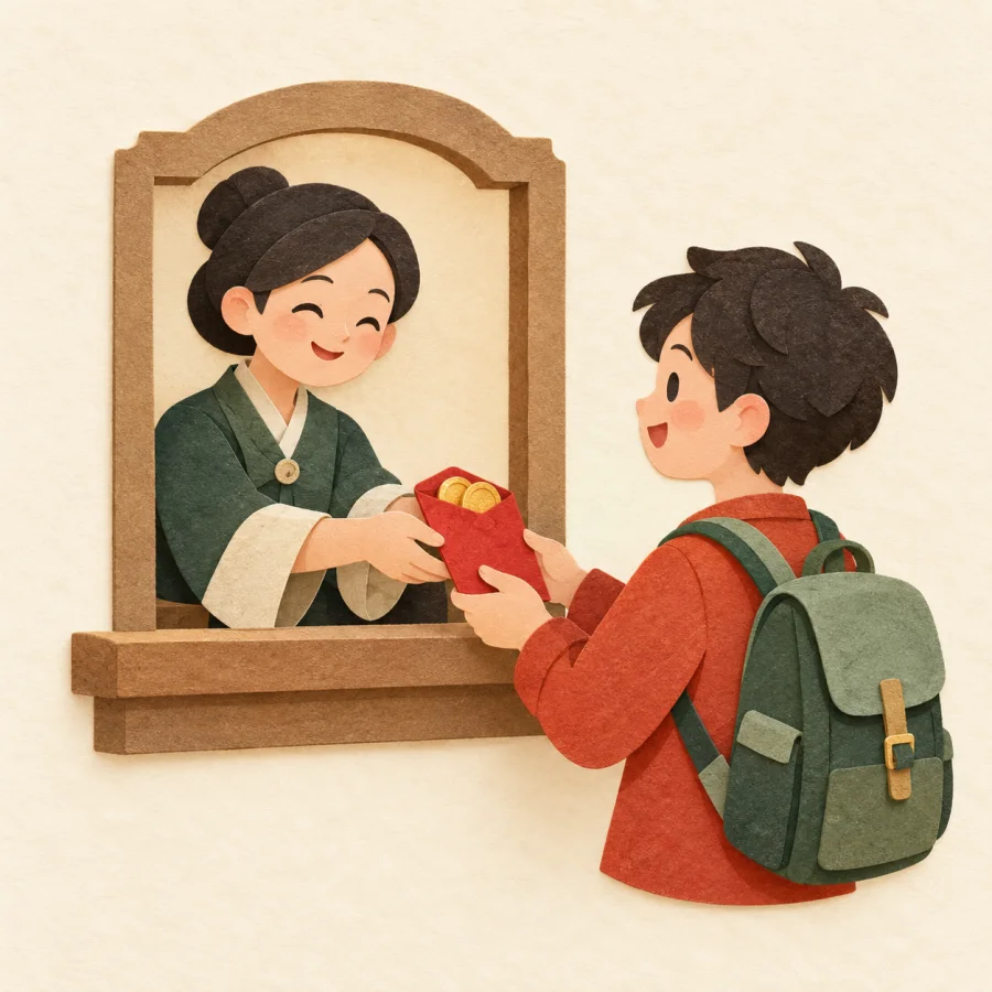 A clerk hands a student a red envelope of coins
