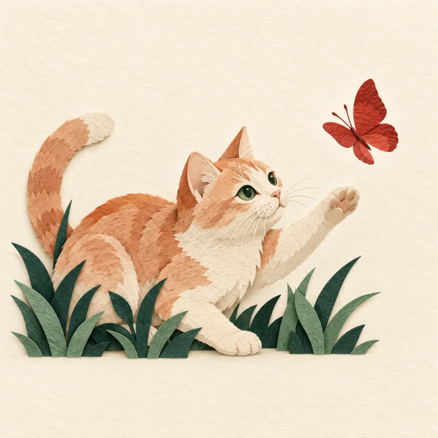 A cat reaches a paw toward a red butterfly