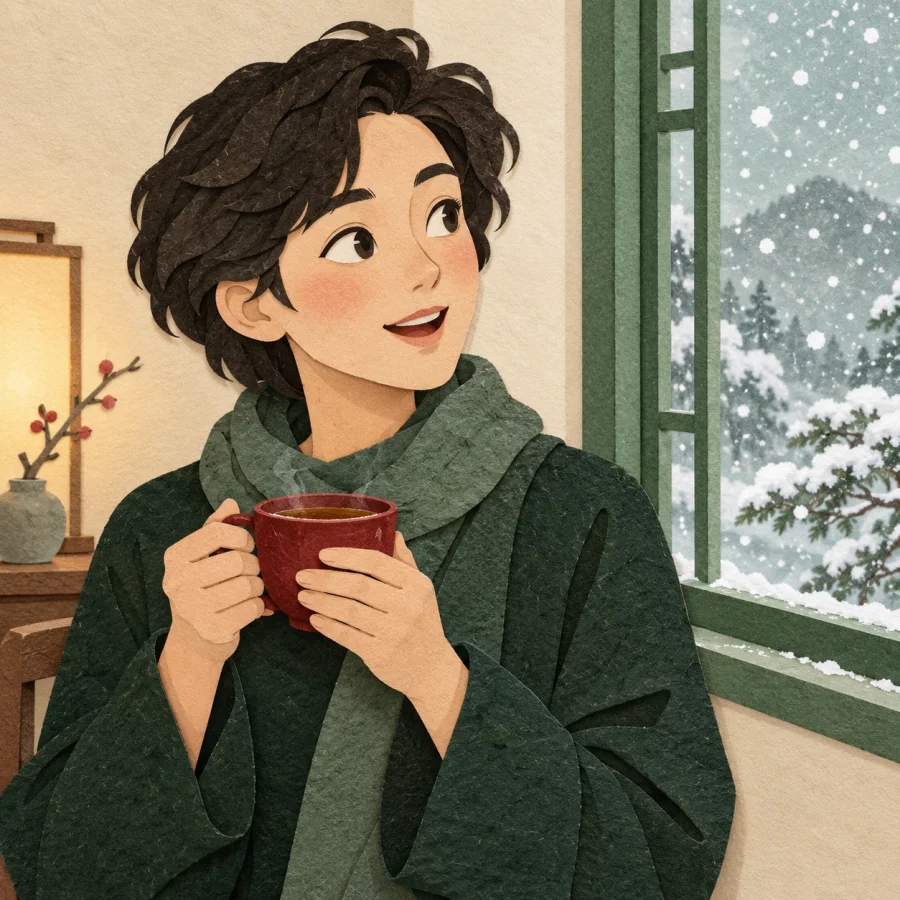 A person glances out a window with a cup, snow falling