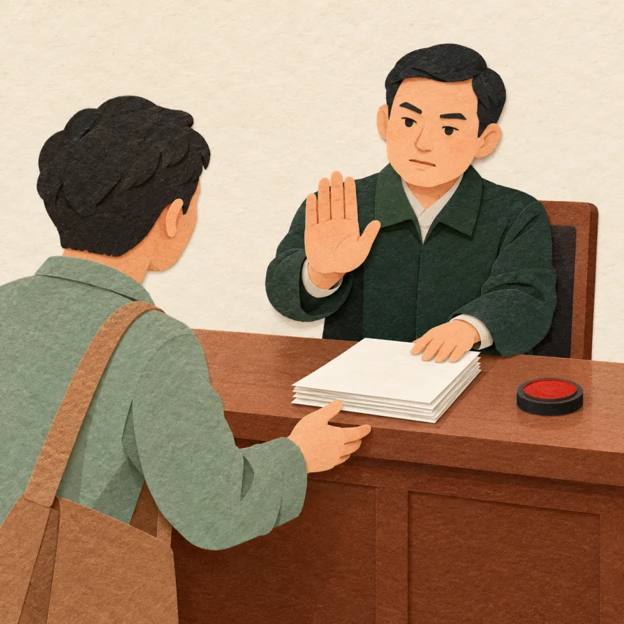 An official pushes papers back with a raised hand