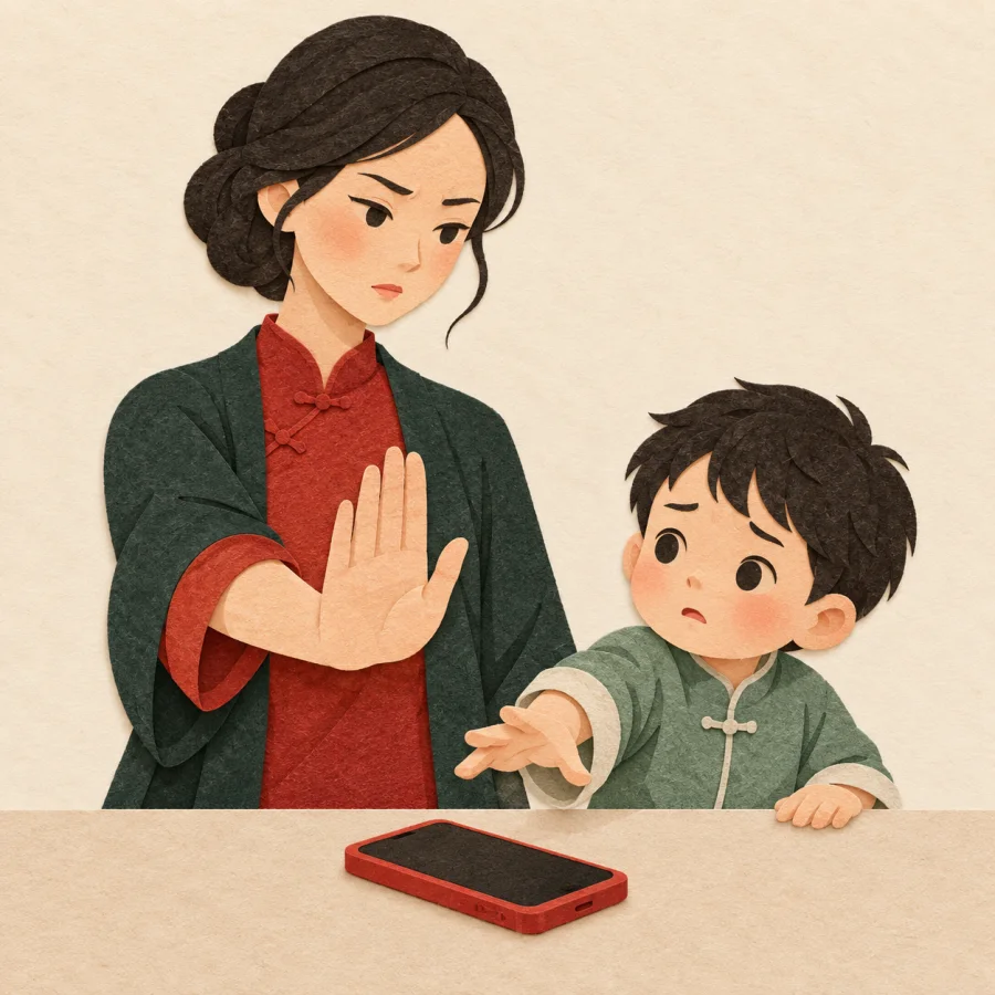 A stern mother holds up a palm as a child reaches for a phone