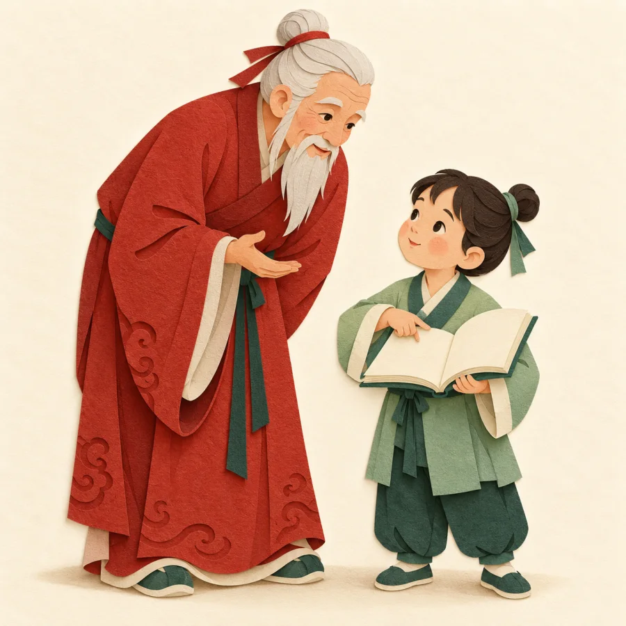An old teacher in red bends to ask a child