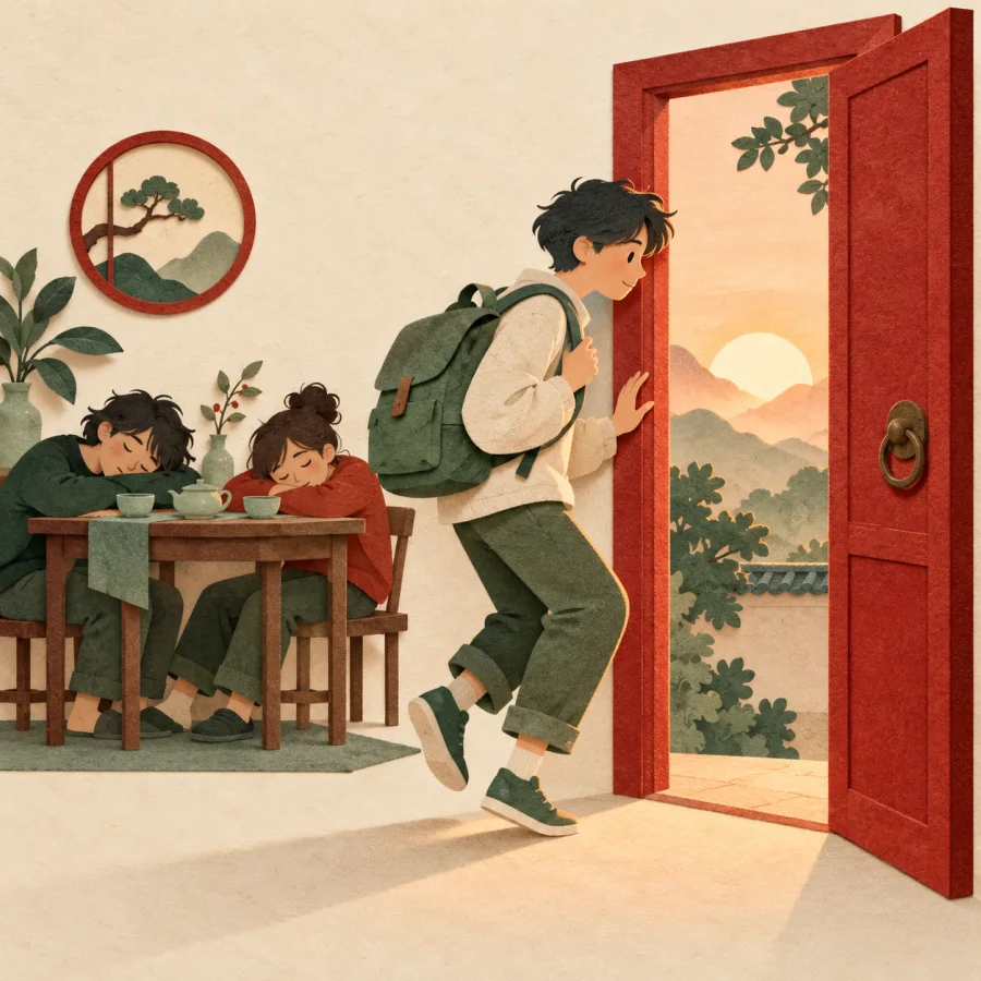 A person with a backpack tiptoes to a red door at dawn