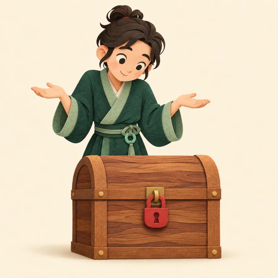 A person shrugs before a locked chest with a red lock