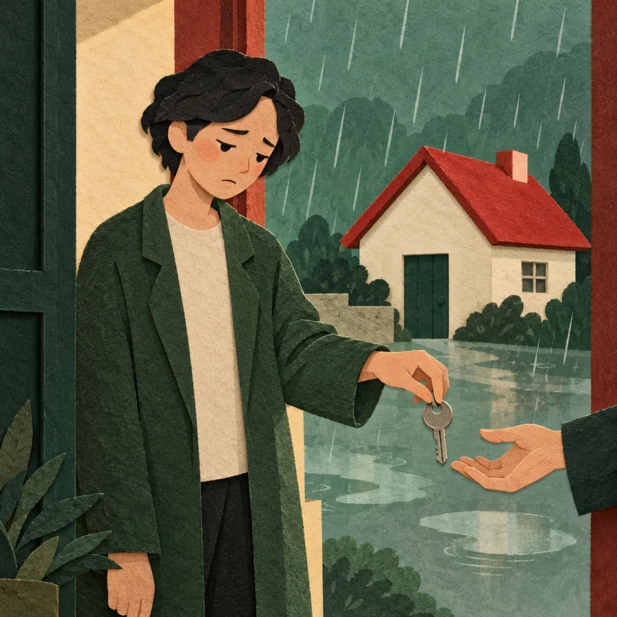 A person sadly hands over keys to a red-roofed house