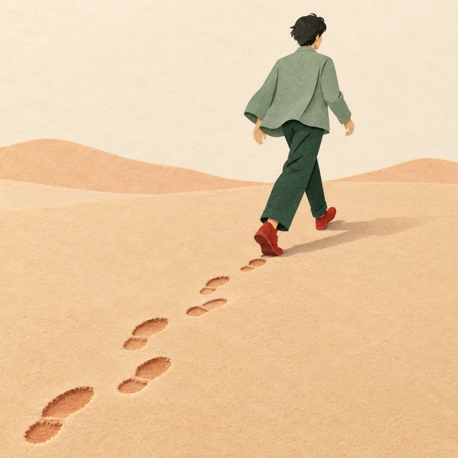 Footprints in sand lead to a person striding