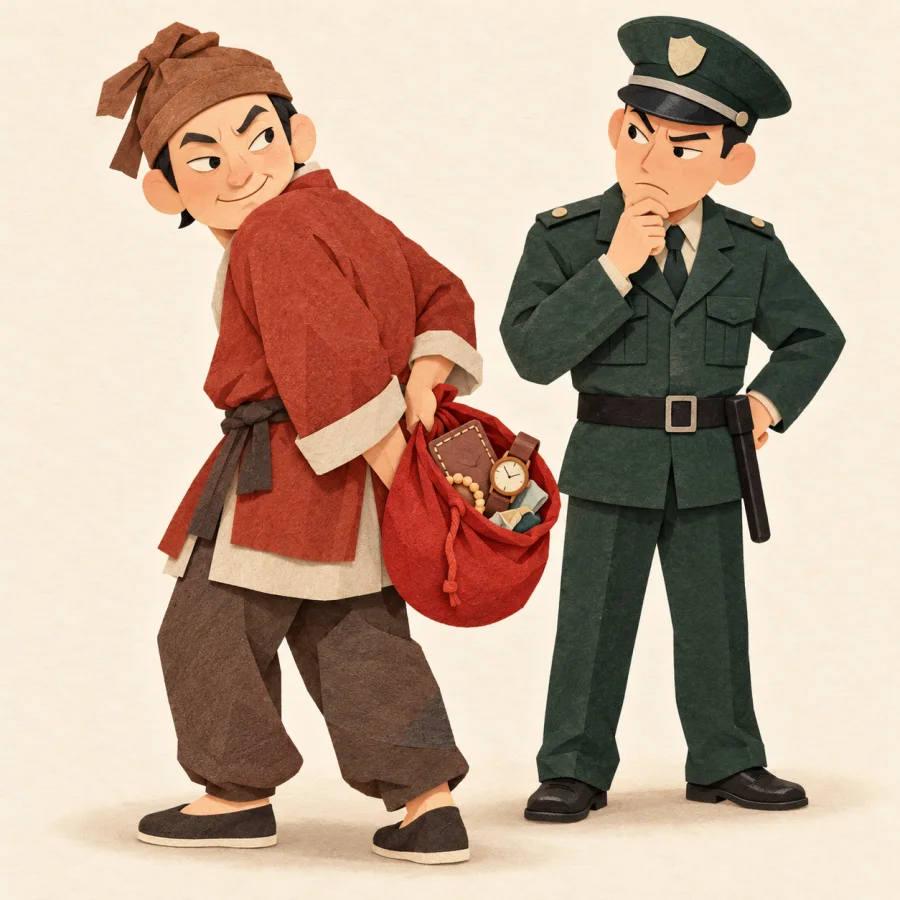 A shady seller hides a bag of fakes from a police officer