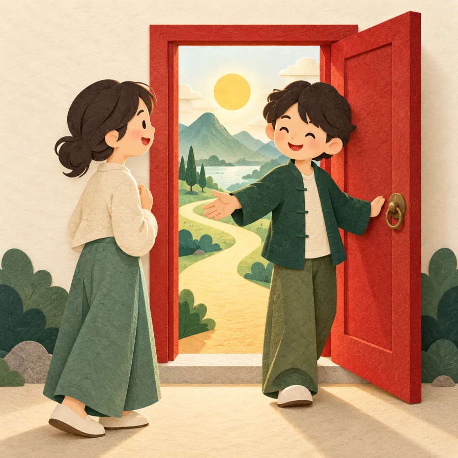 A friend gestures another toward an open red door