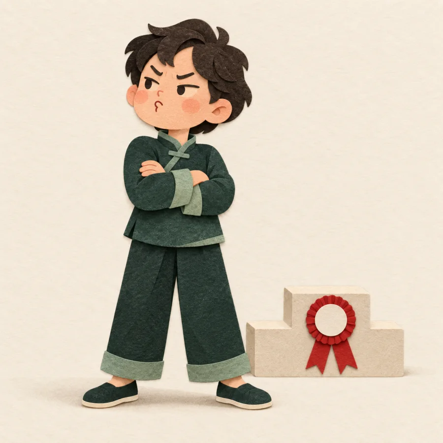 A person with crossed arms pouts beside a podium