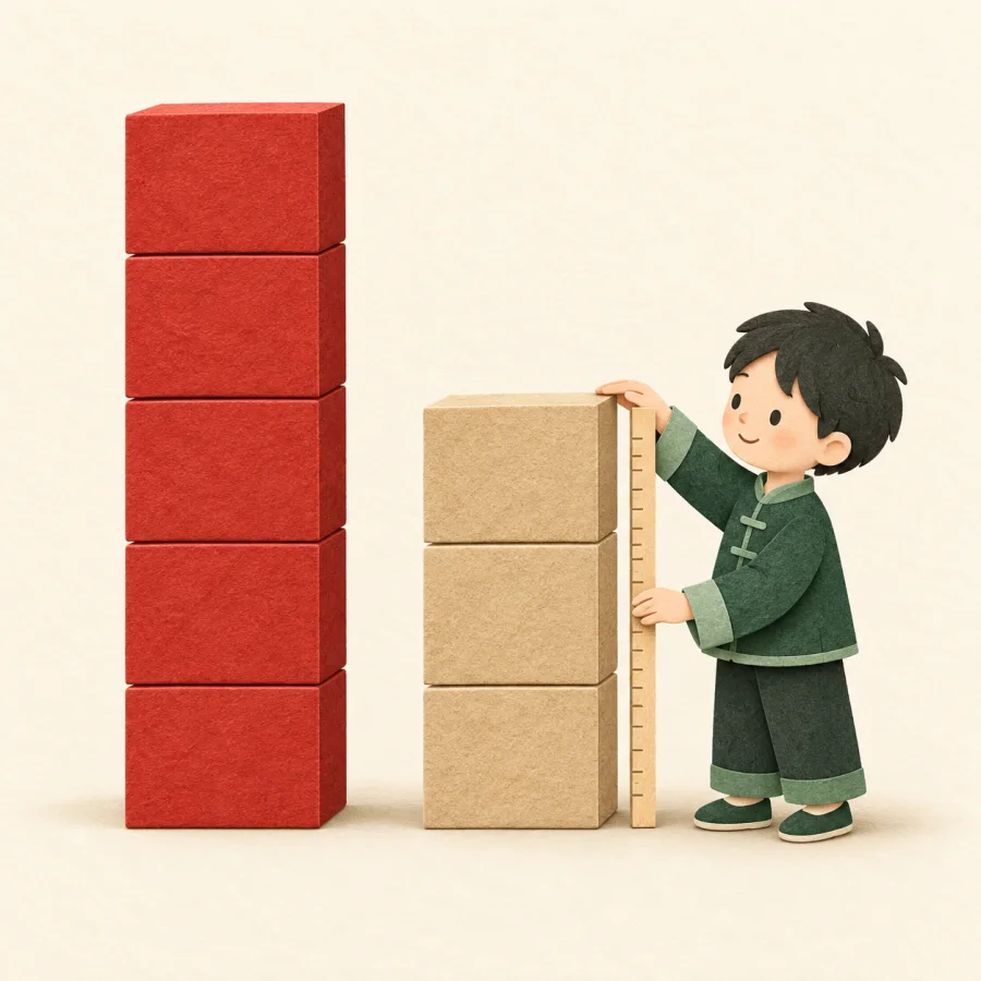 A tall red stack beside a shorter sand-colored stack