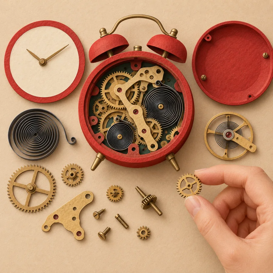 A taken-apart red clock with gears on a table