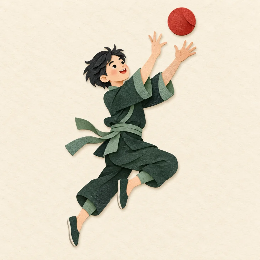 A person leaps to catch a falling red ball