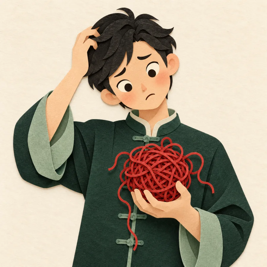 A puzzled person scratches their head over tangled thread
