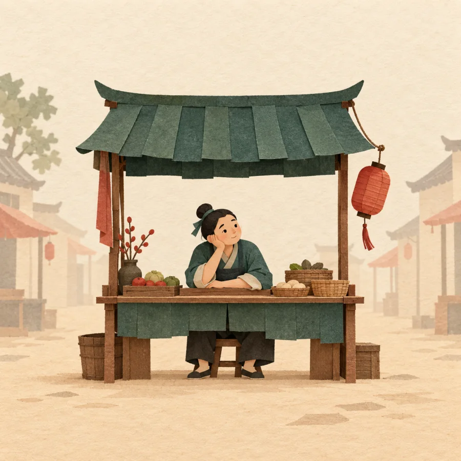 An empty street, an idle seller and a drooping lantern
