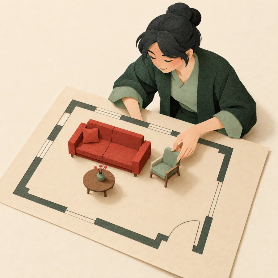 A person arranges paper furniture on a room plan
