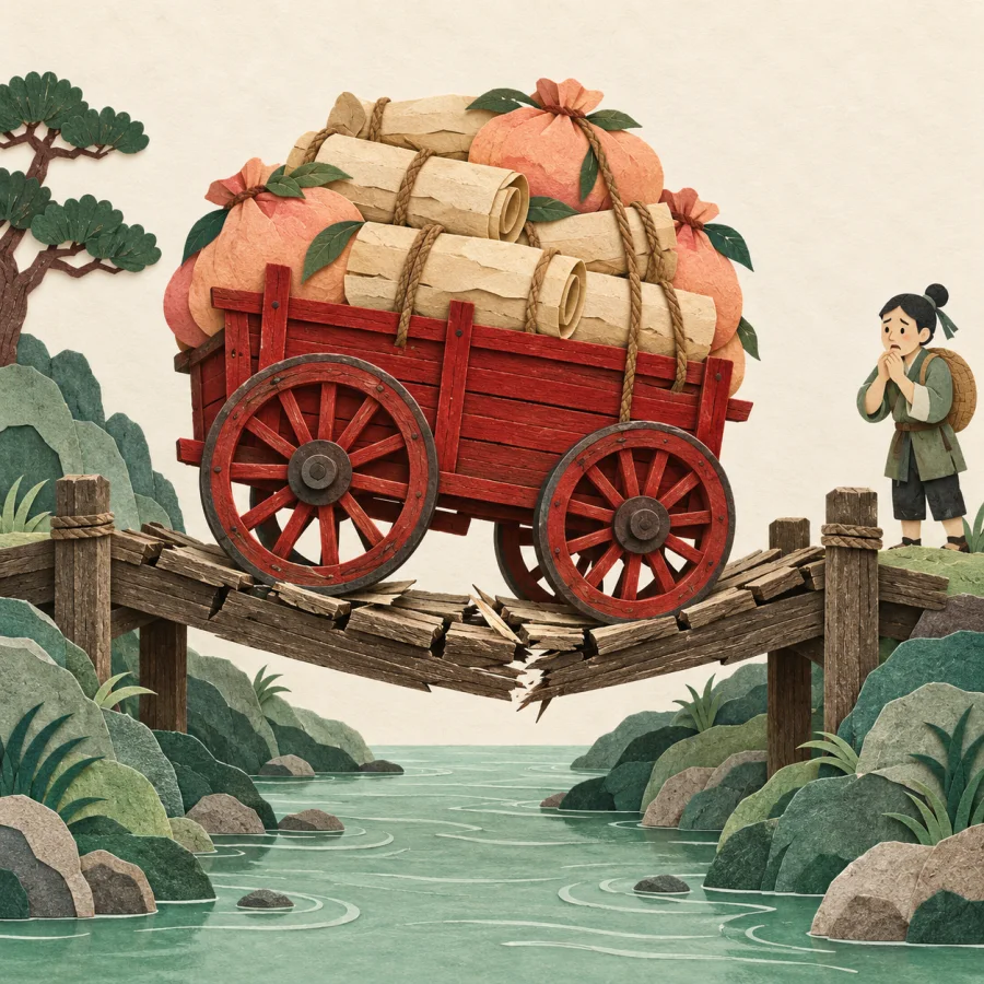 An old wooden bridge bends under a heavy red cart