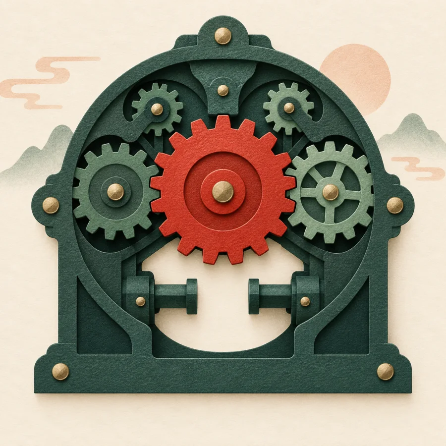 A red cog fitted into a green machine