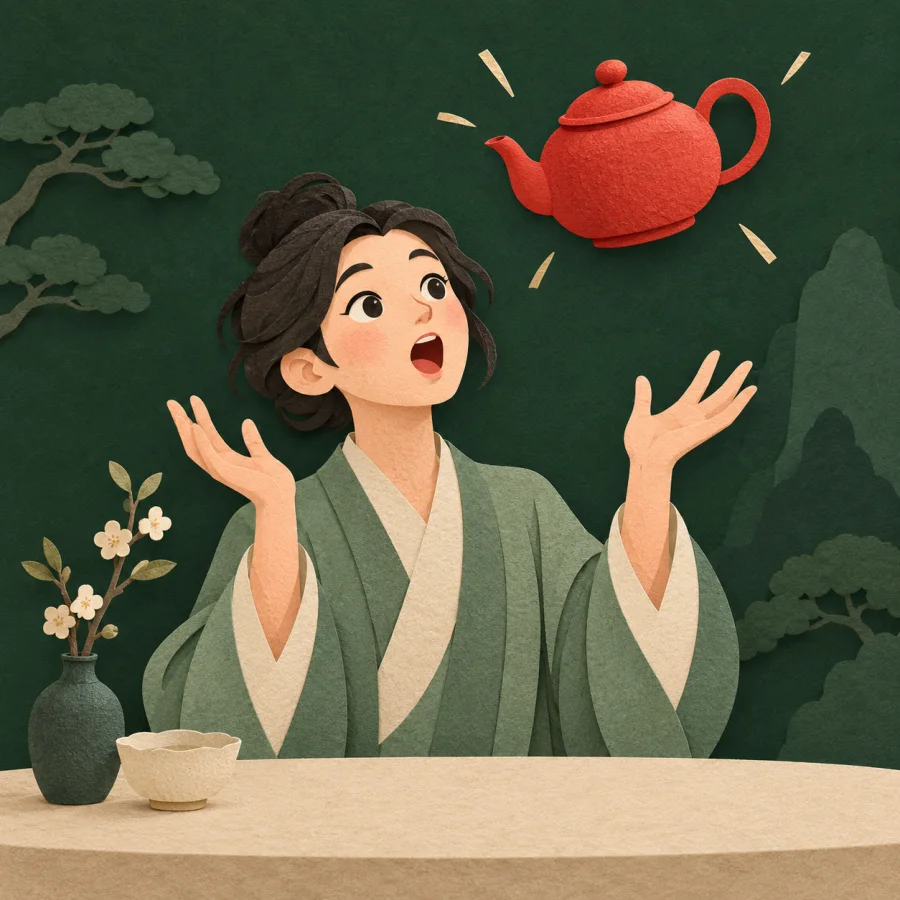 A person gazes in wonder at a floating teapot