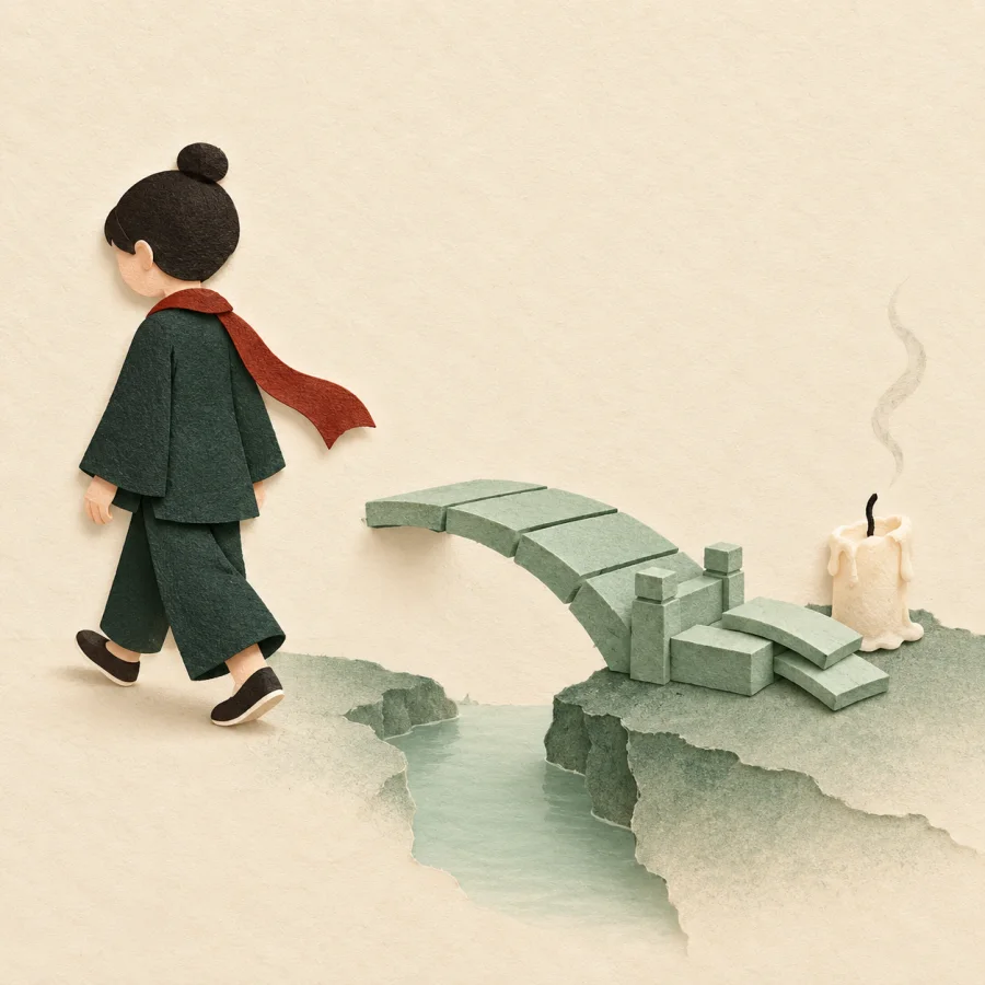 A person walks away from an unfinished paper bridge