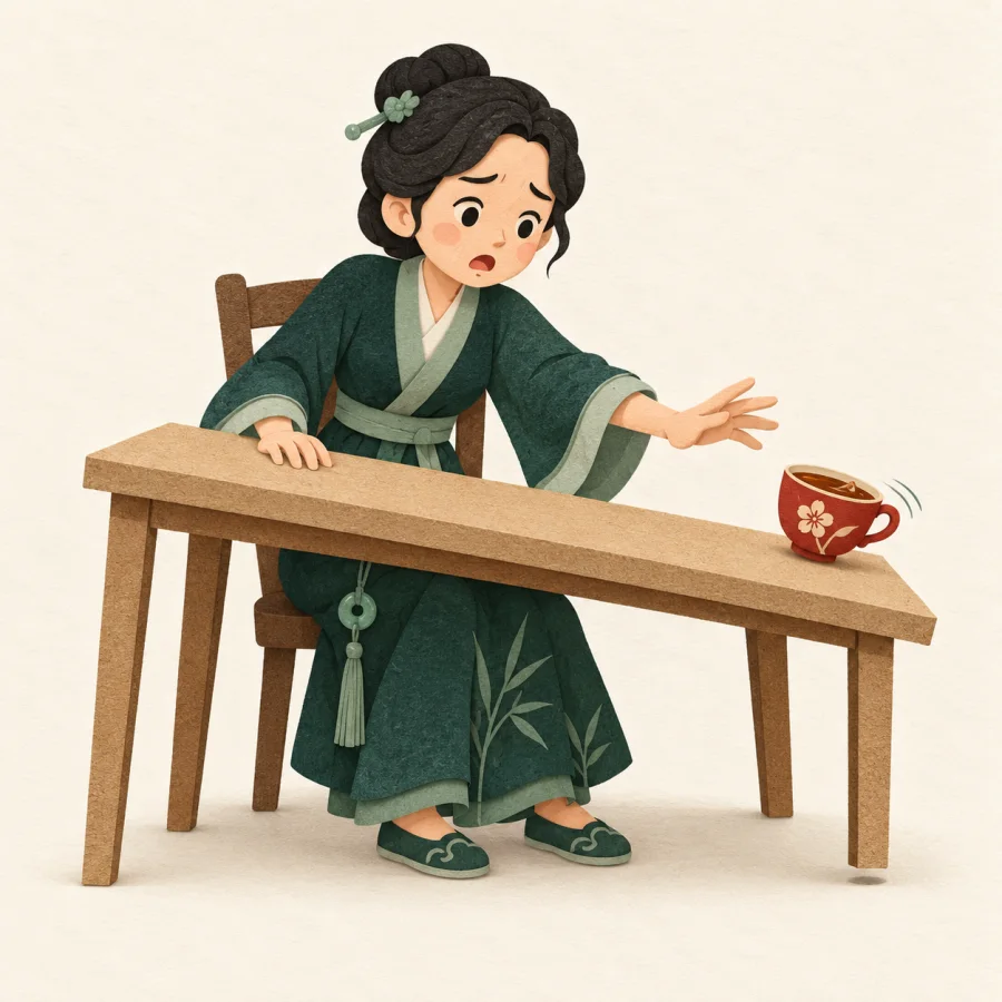 A teacup slides on a tilted table with one short leg