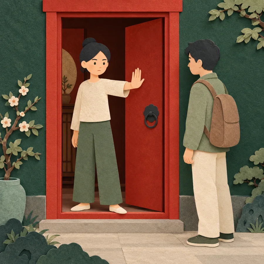A person blocks a red doorway with a raised palm