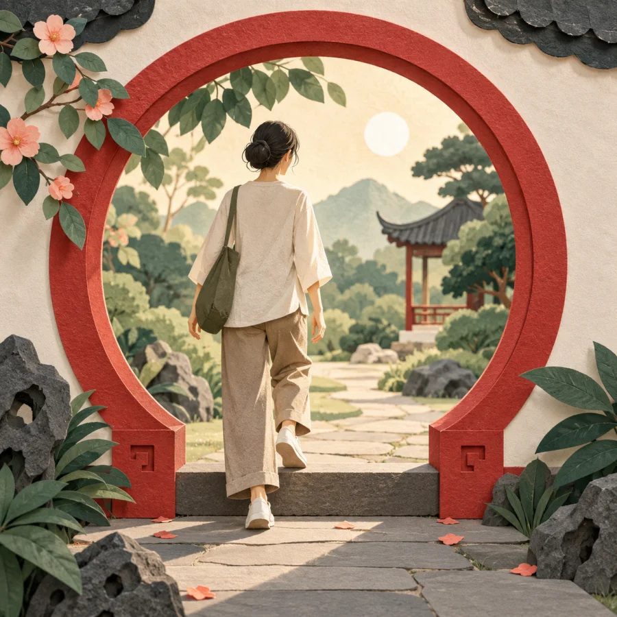 A person steps through an arch into a garden