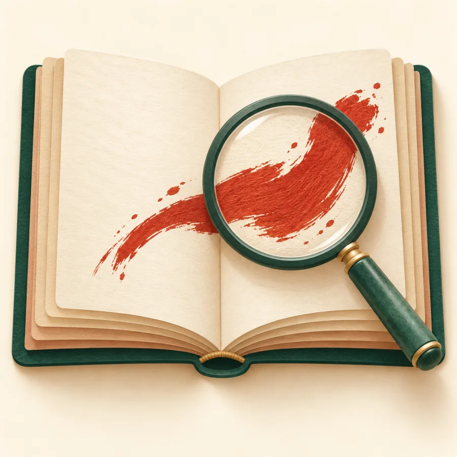 A magnifying glass over a brush stroke in an open book