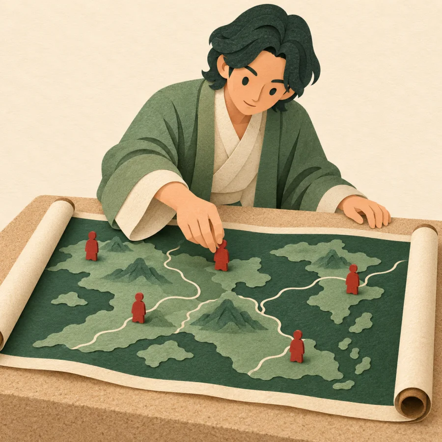 A person places small figures on a spread-out map