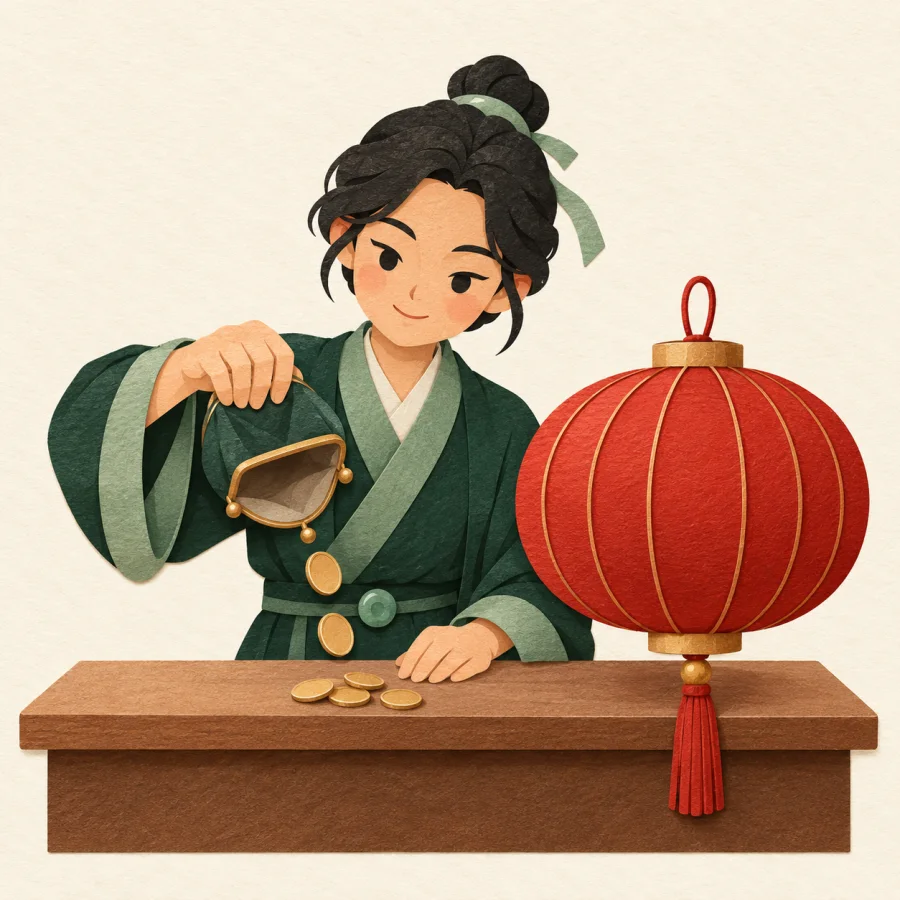 A person empties a coin purse onto a counter for a lantern