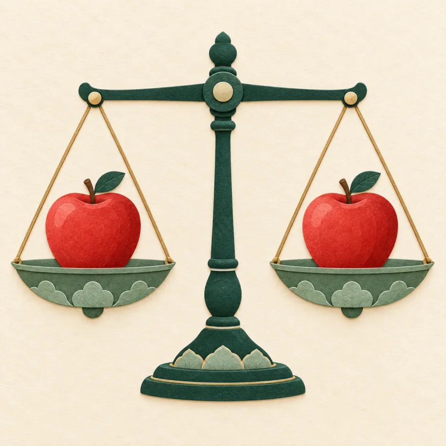 A balanced scale holding two identical apples