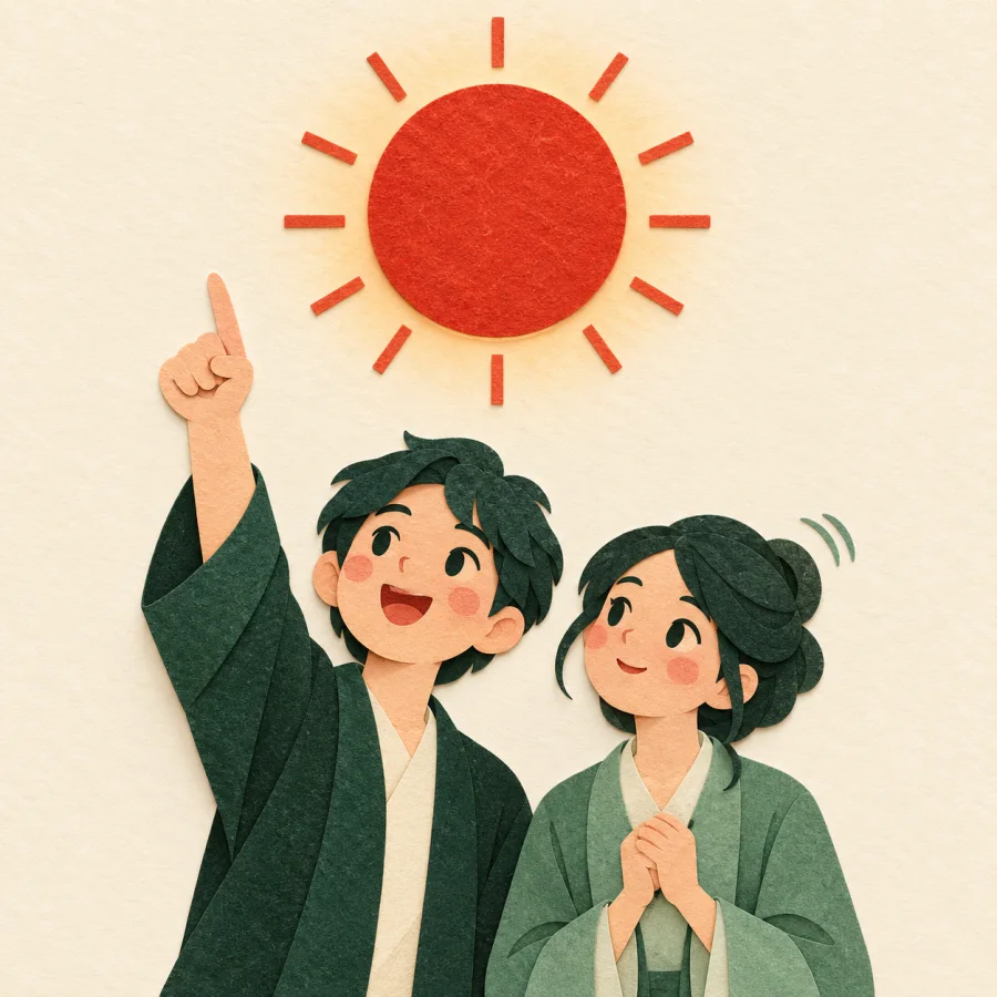 A person points at the bright sun while a friend nods