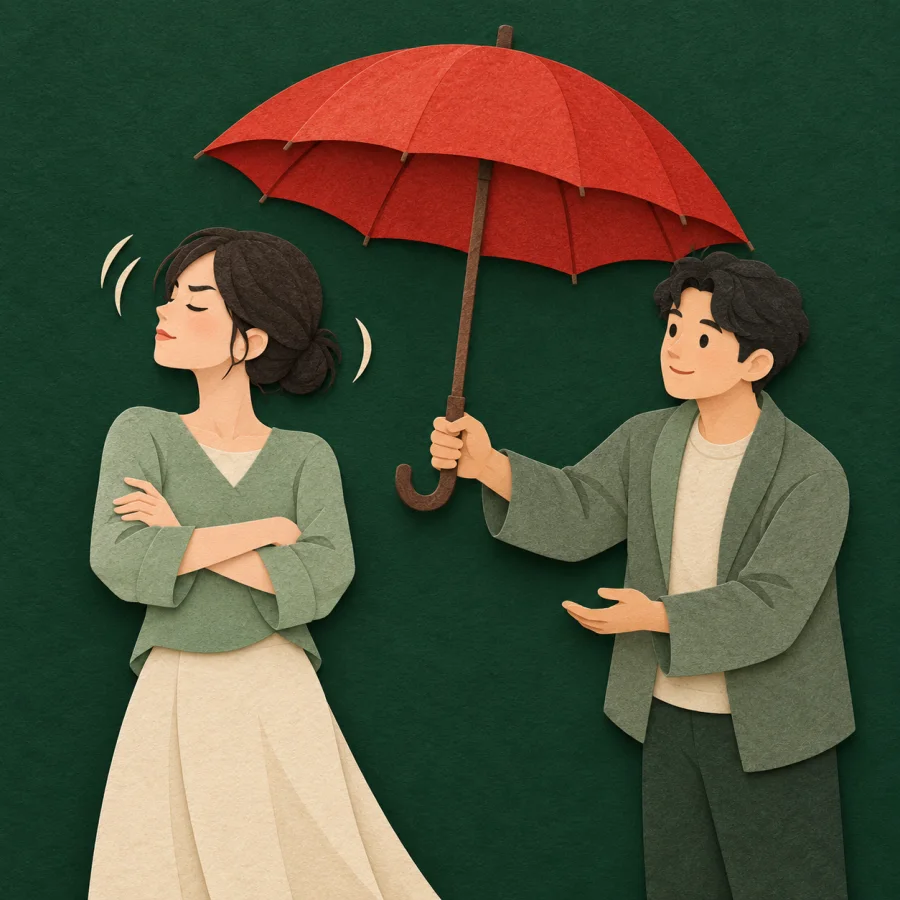 A person with crossed arms turns away from an offered umbrella