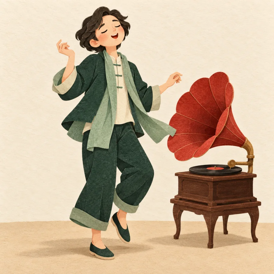 A person sways and taps their feet beside a gramophone