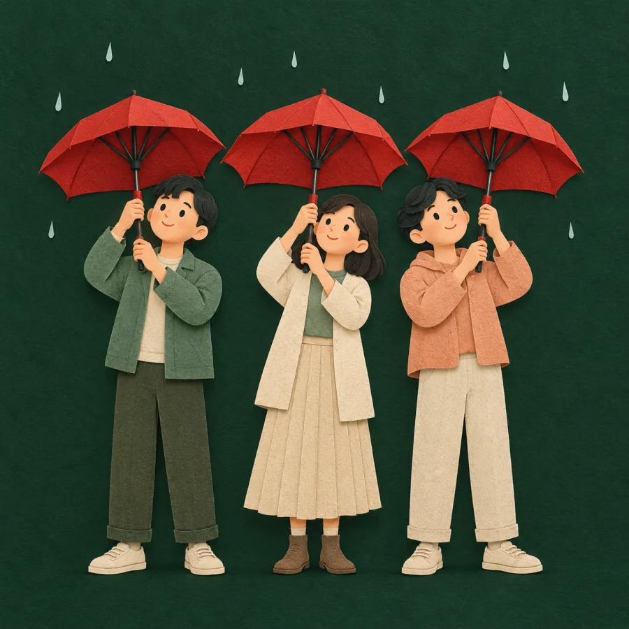 Three people open red umbrellas at the same moment