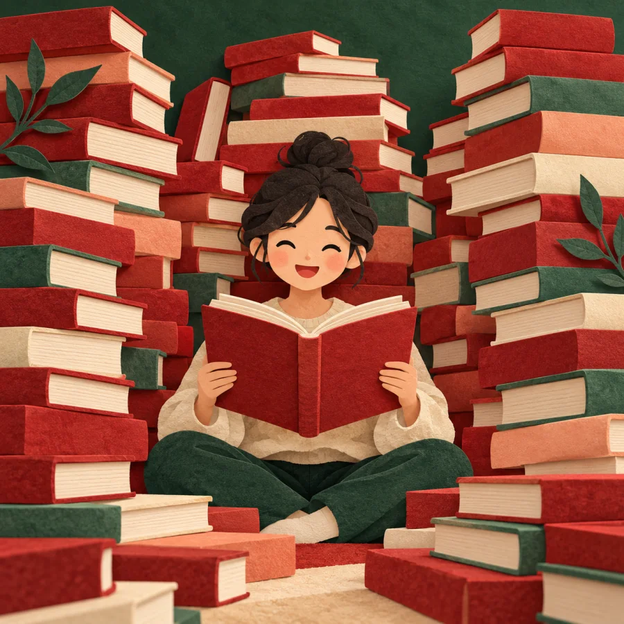 A person reads among towering stacks of books