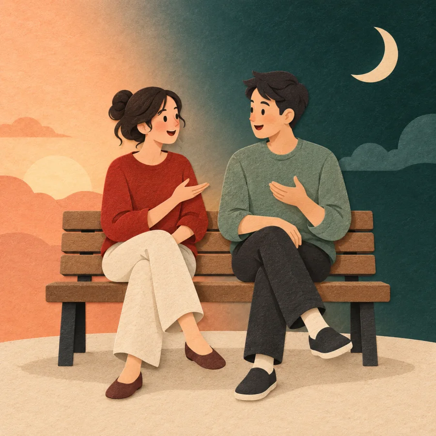 Two people talk on a bench as the sky darkens and a moon rises