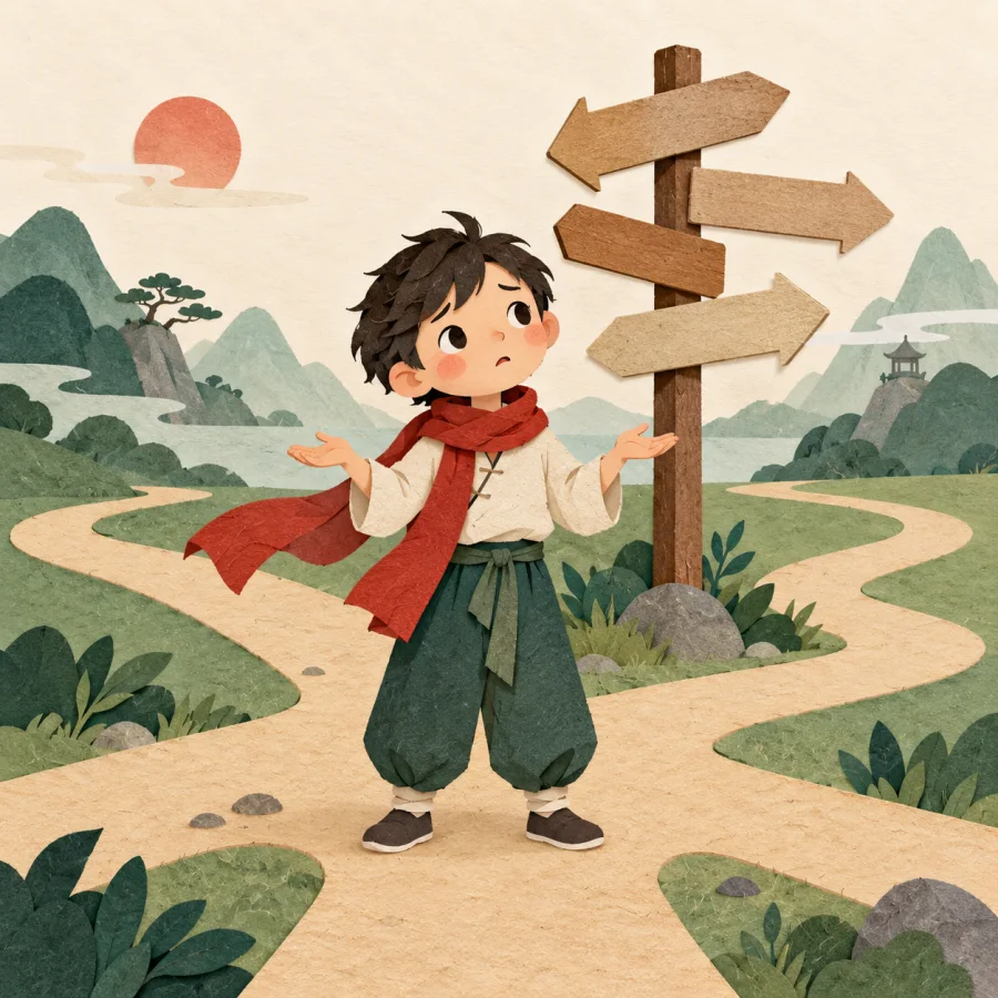 A child stands at a crossroads with blank signposts