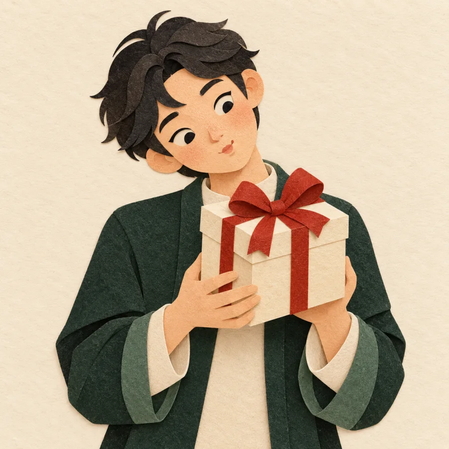 A thoughtful person tilts their head at a wrapped box
