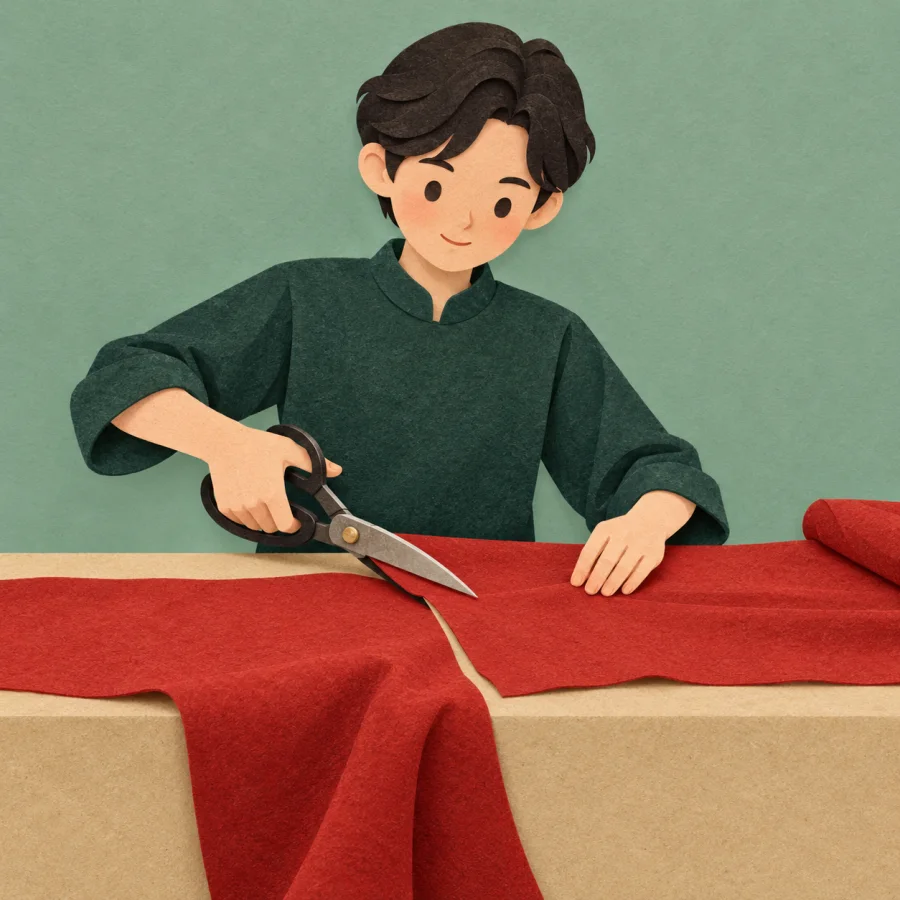 A person cuts fabric on a table with large scissors