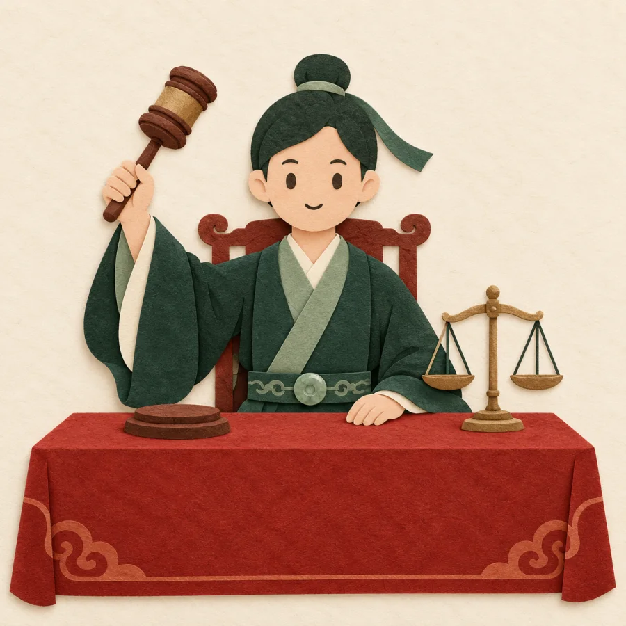 A robed figure strikes a gavel at a desk