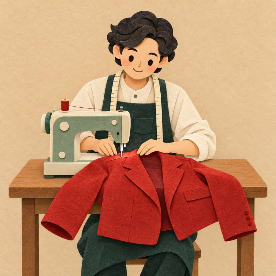 A tailor with a measuring tape holds up fabric