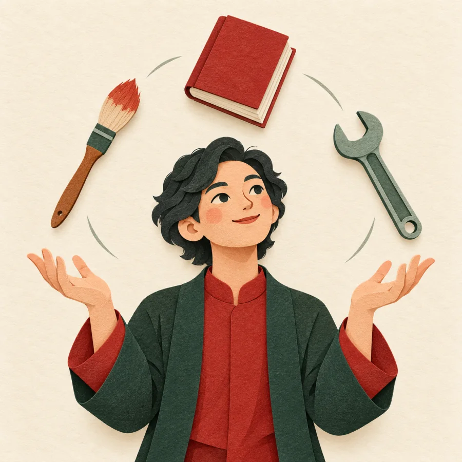 A person confidently juggles a brush, a book and a wrench