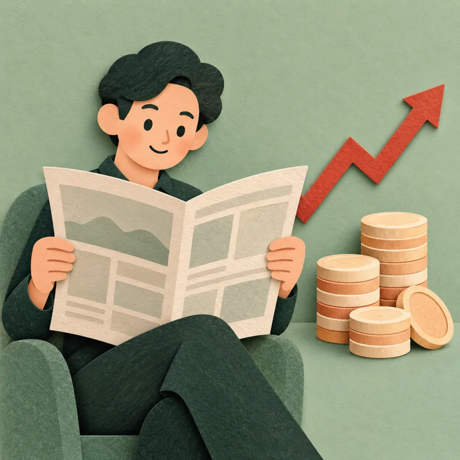 A person reads a newspaper beside a rising chart and coins