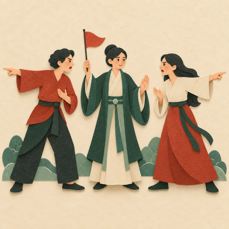 A referee between two arguing people raises a flag