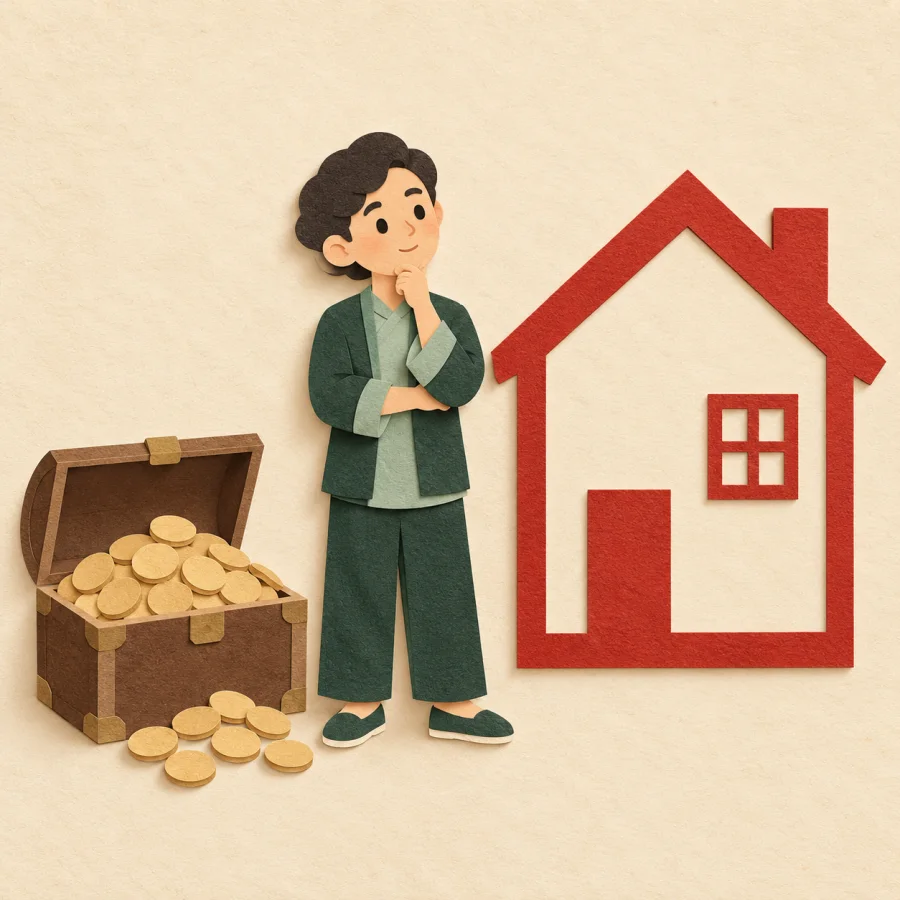 A person stands by a chest of coins next to a house outline