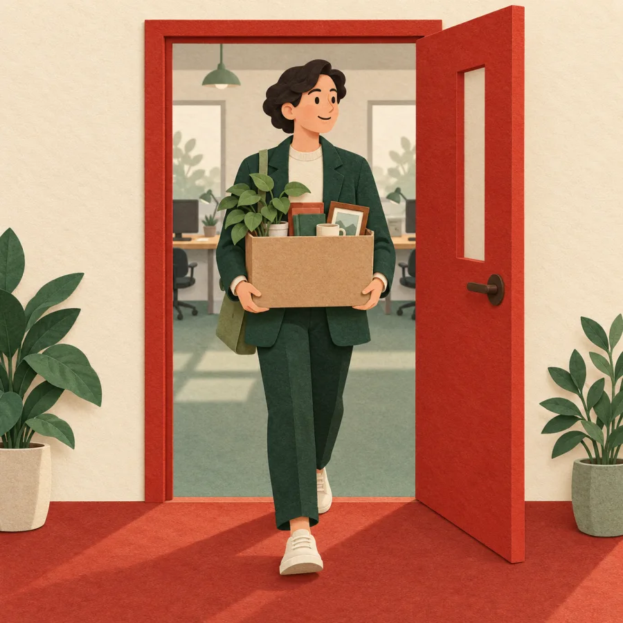 A person leaves an office carrying a box of belongings
