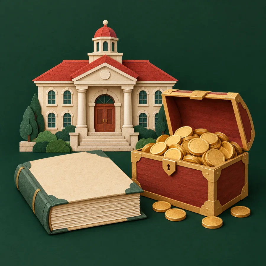 A town hall beside a big chest of coins