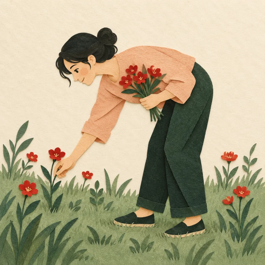 A child picks wildflowers in a meadow
