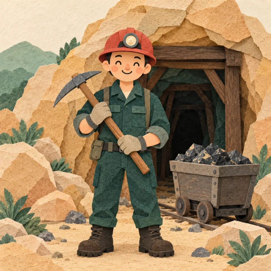 A worker in a helmet with a pickaxe at a mine entrance