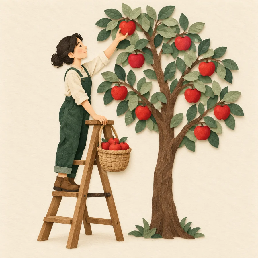 A person on a small ladder picks apples into a basket